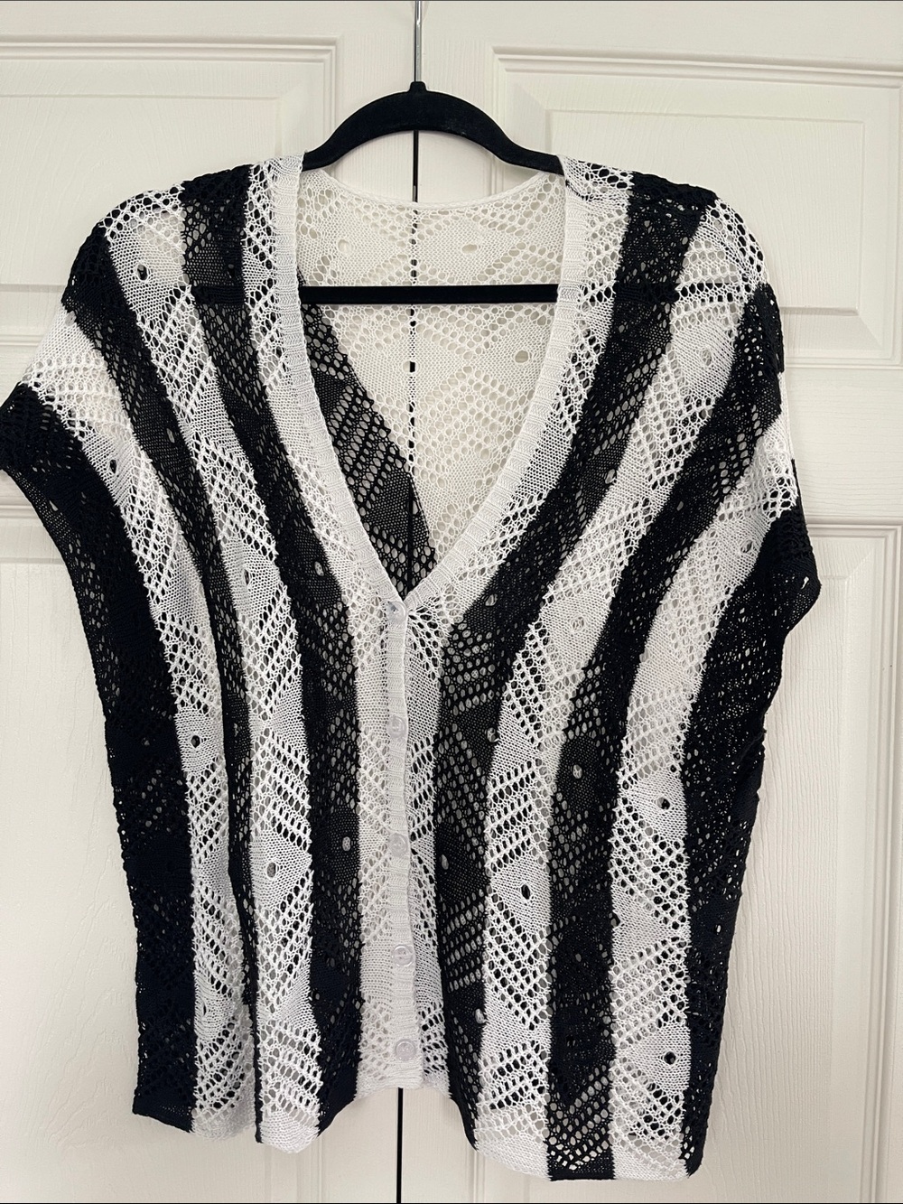 Black and White Striped Open-Knit V-Neck Sweater Cardigan